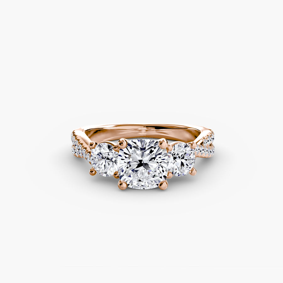 14K Rose Gold / Cushion Three-Stone with Pavé Band 2