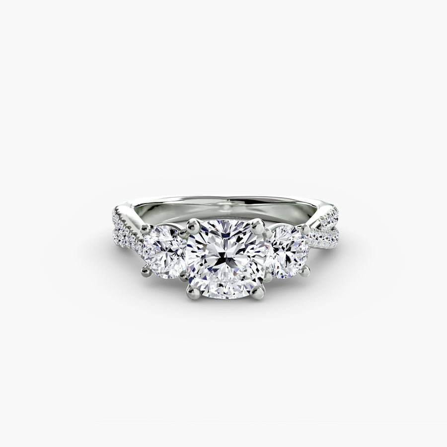 14K White Gold / Cushion Three-Stone with Pavé Band 2