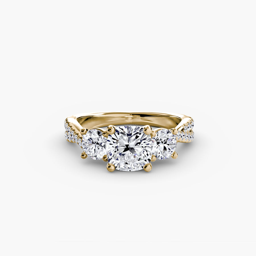 14K Yellow Gold / Cushion Three-Stone with Pavé Band 2