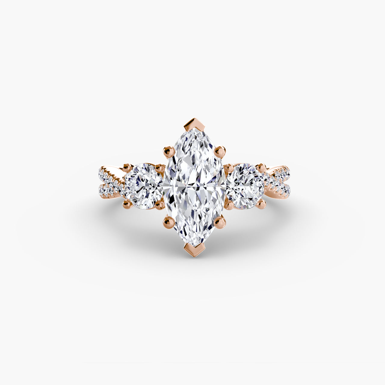 14K Rose Gold / Marquise Three-Stone with Pavé Band 2