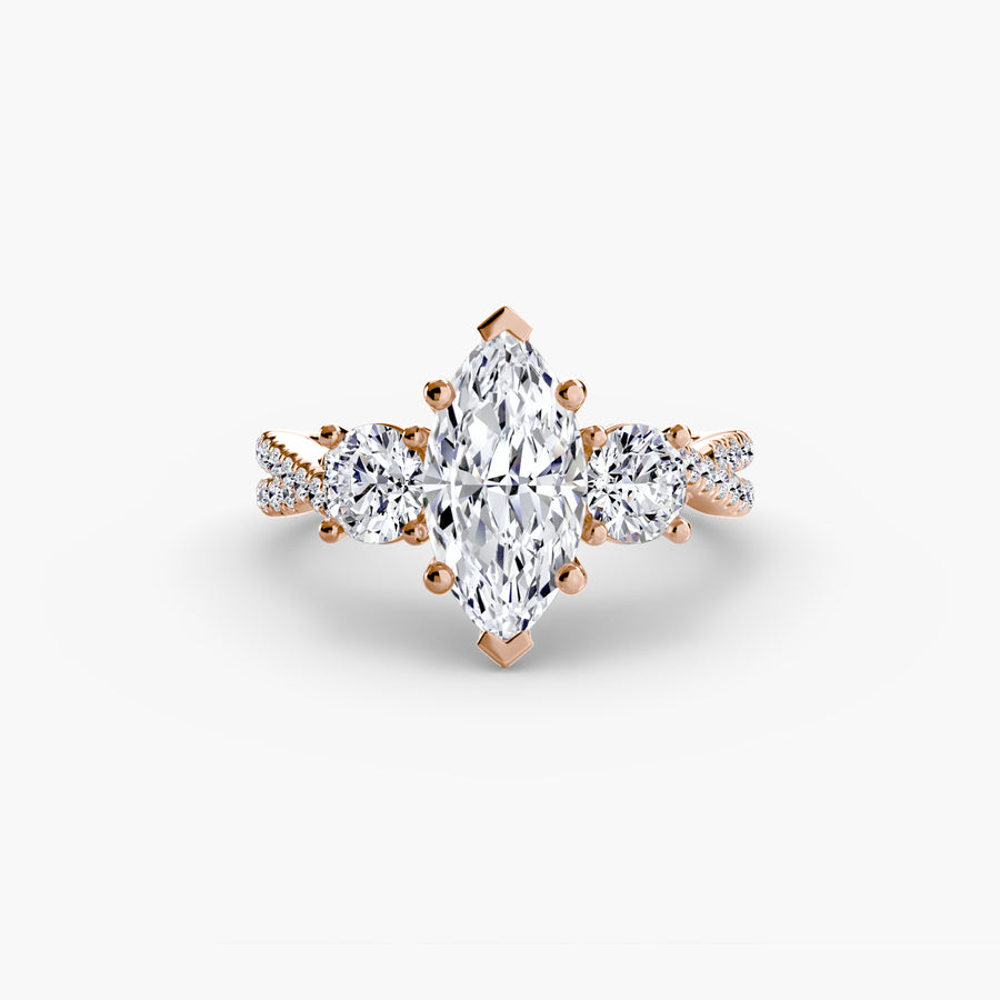14K Rose Gold / Marquise Three-Stone with Pavé Band 2