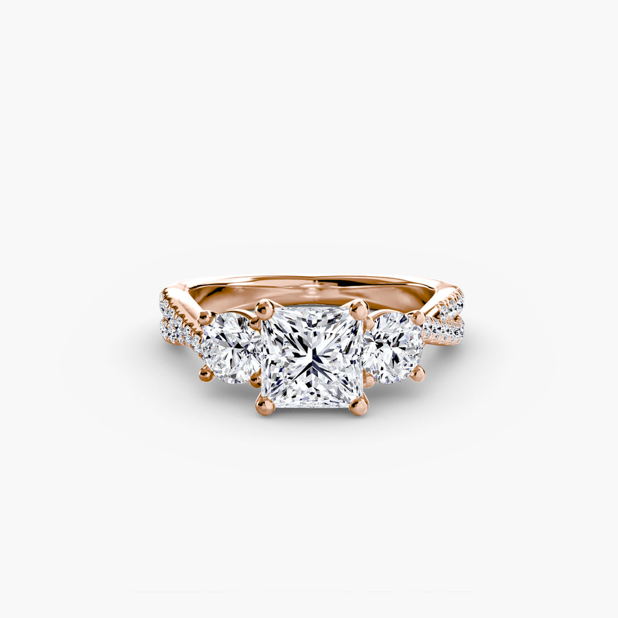 14K Rose Gold / Princess Three-Stone with Pavé Band 2