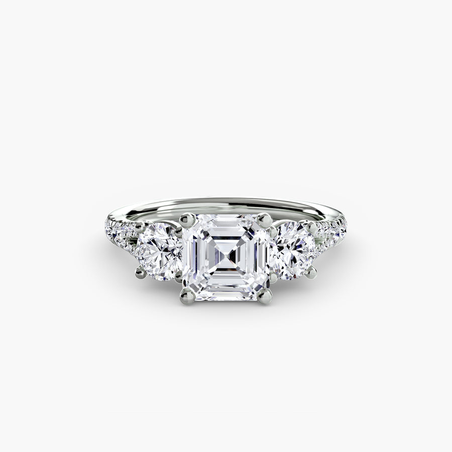14K White Gold / Asscher Three-Stone with Pavé Band 3