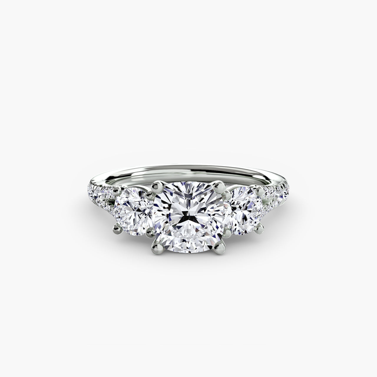 14K White Gold / Cushion Three-Stone with Pavé Band 3