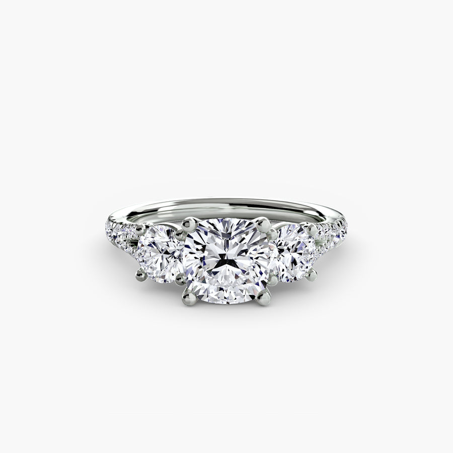 14K White Gold / Cushion Three-Stone with Pavé Band 3