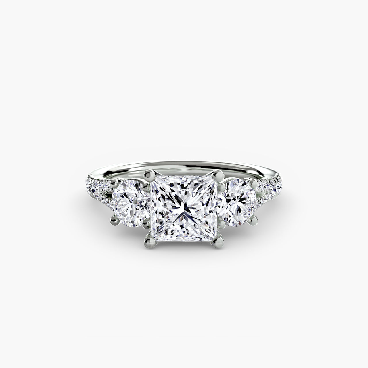 14K White Gold / Princess Three-Stone with Pavé Band 3