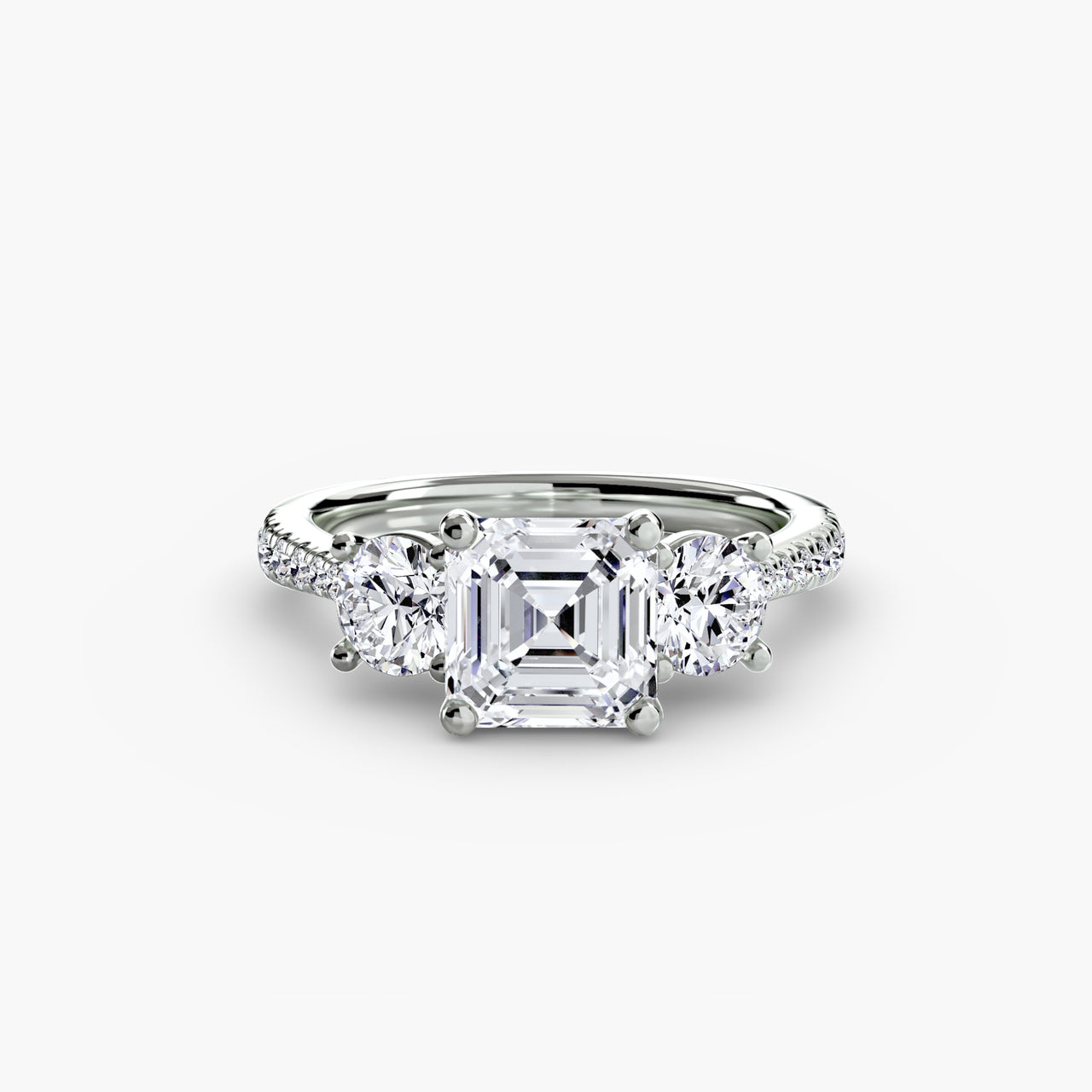 14K White Gold / Asscher Three-Stone with Pavé Band