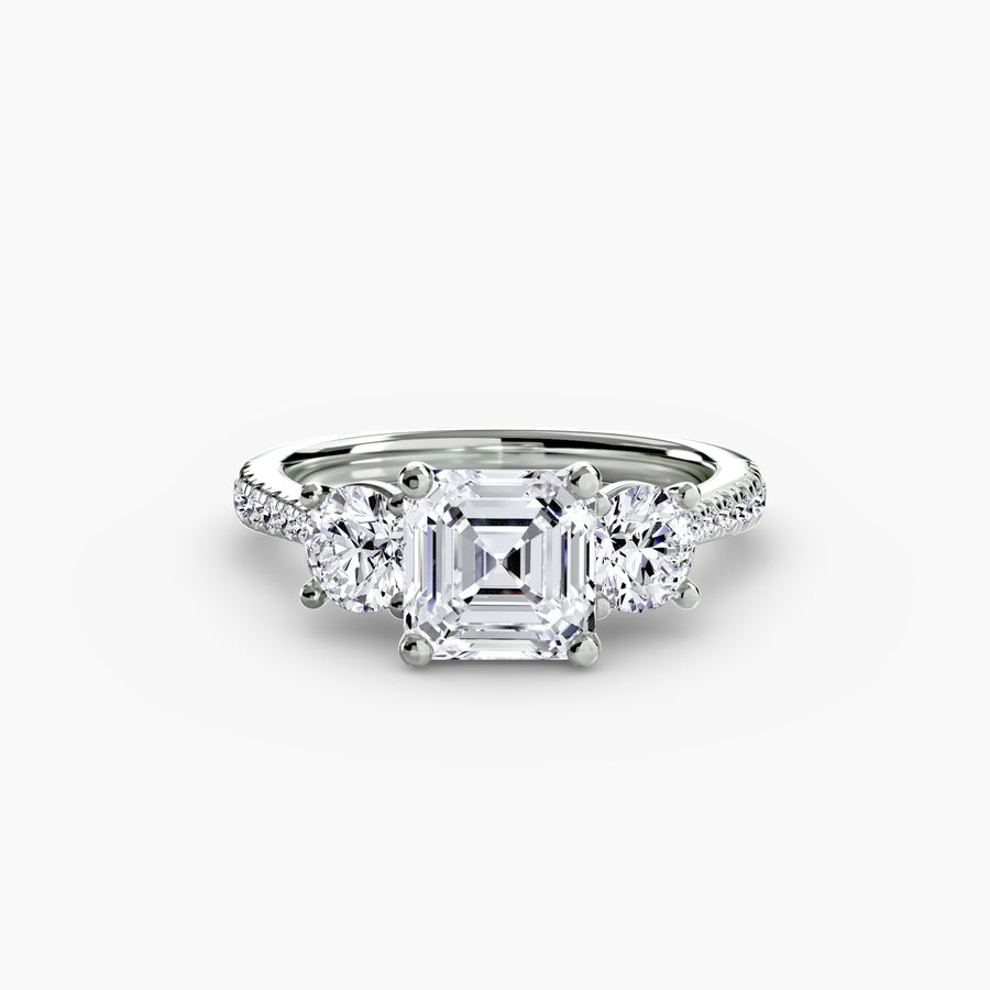 14K White Gold / Asscher Three-Stone with Pavé Band