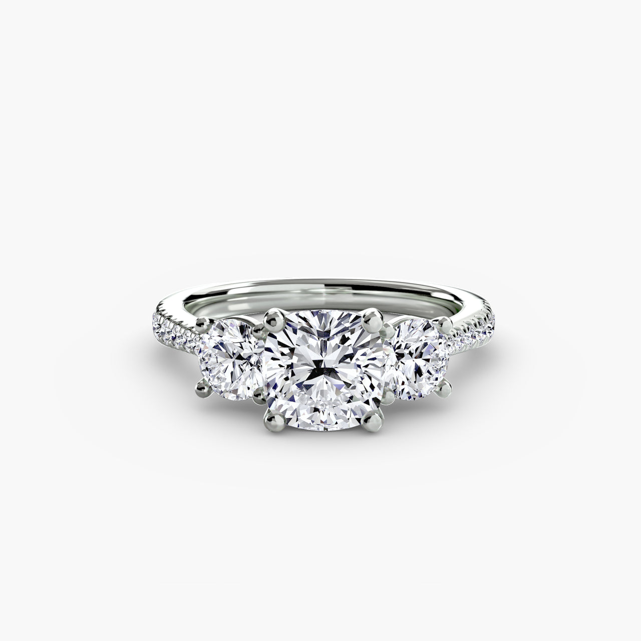 14K White Gold / Cushion Three-Stone with Pavé Band