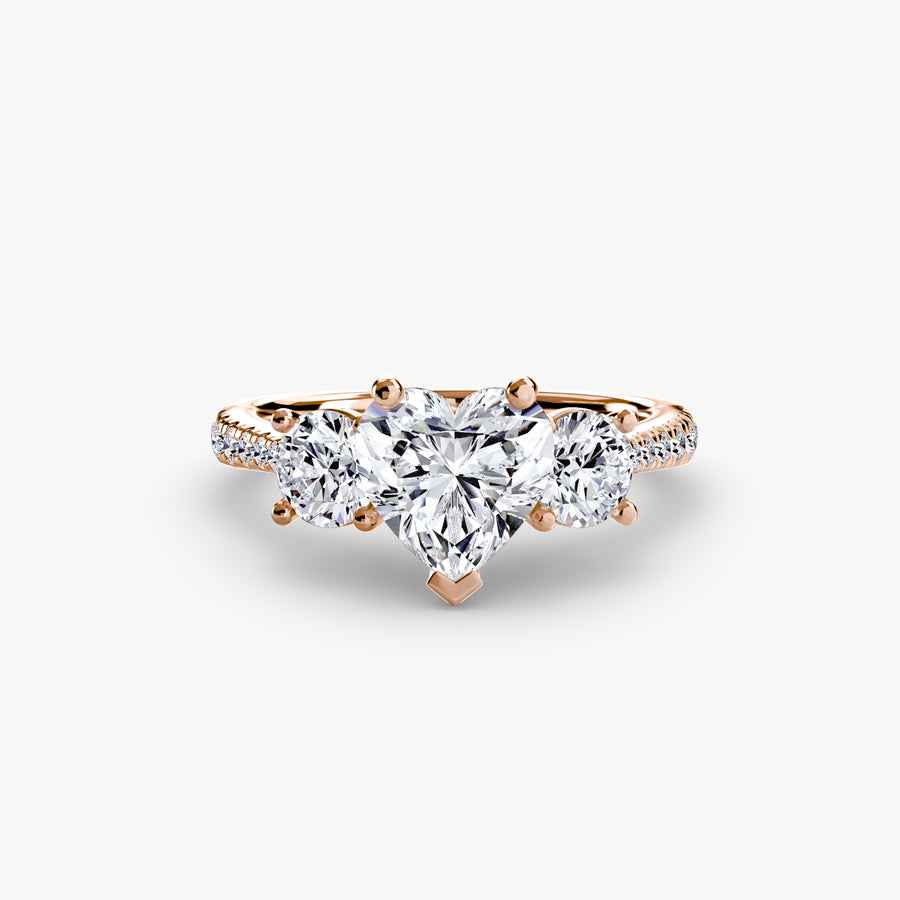 14K Rose Gold / Heart Three-Stone with Pavé Band