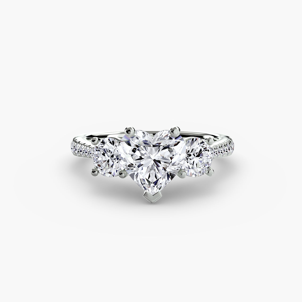 14K White Gold / Heart Three-Stone with Pavé Band