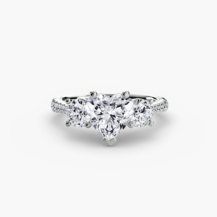 14K White Gold / Heart Three-Stone with Pavé Band