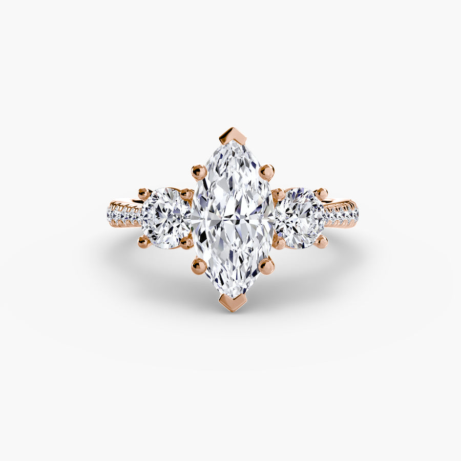 14K Rose Gold / Marquise Three-Stone with Pavé Band