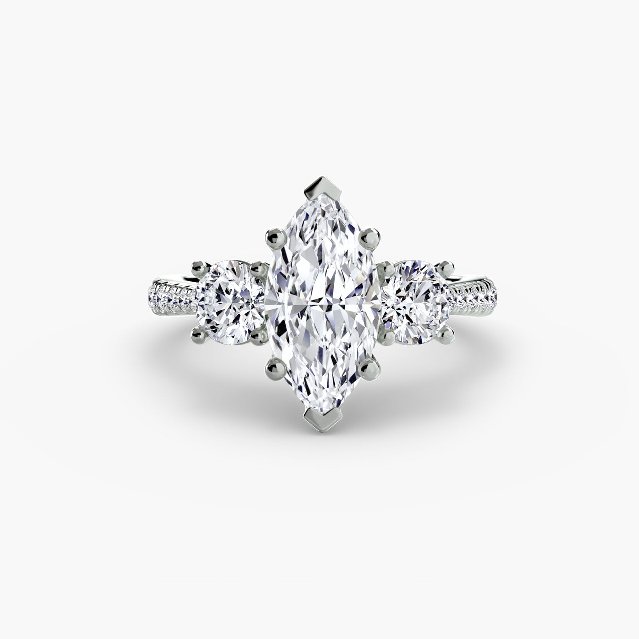 14K White Gold / Marquise Three-Stone with Pavé Band