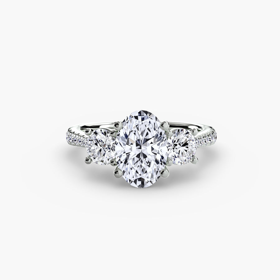 14K White Gold / Oval Three-Stone with Pavé Band