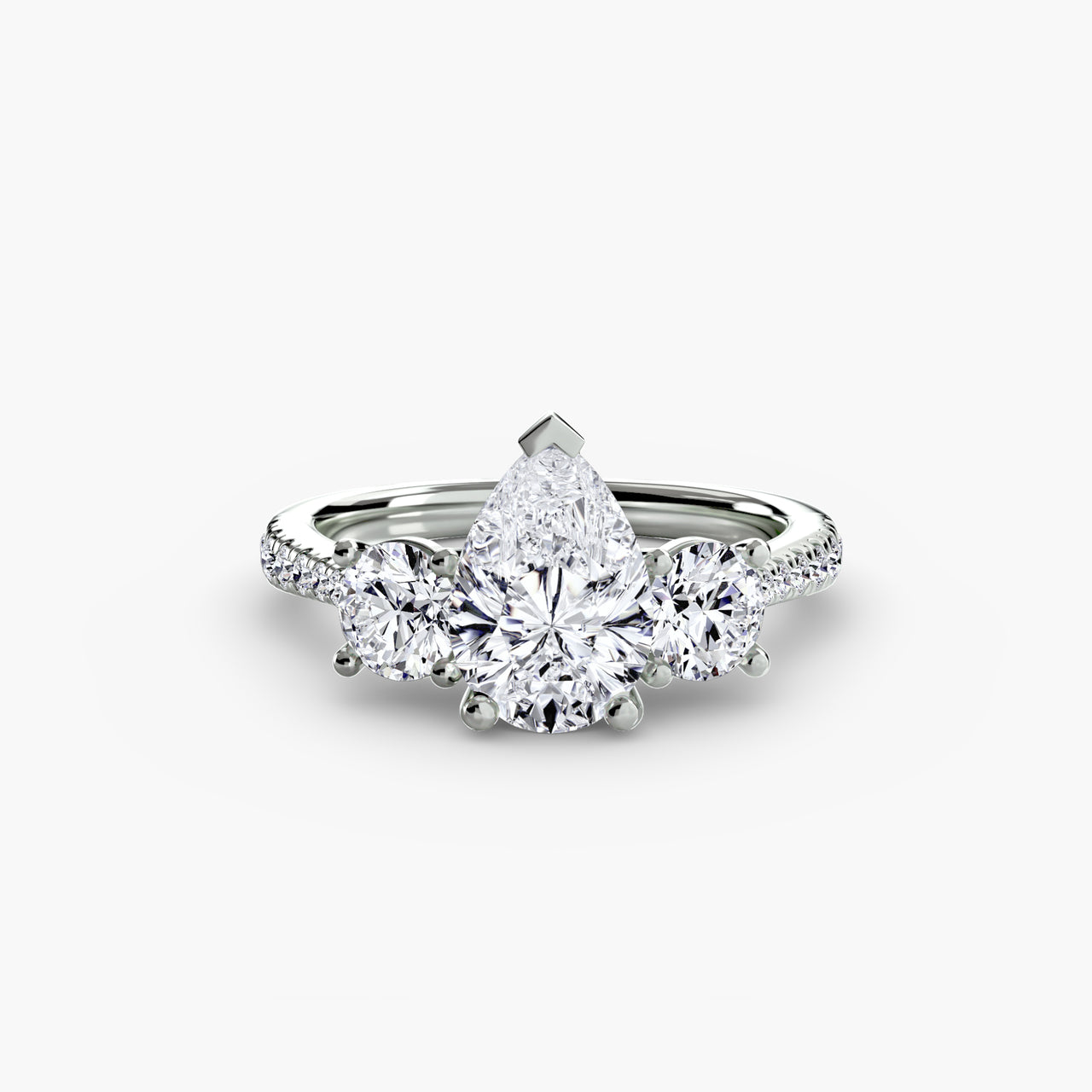 14K White Gold / Pear Three-Stone with Pavé Band