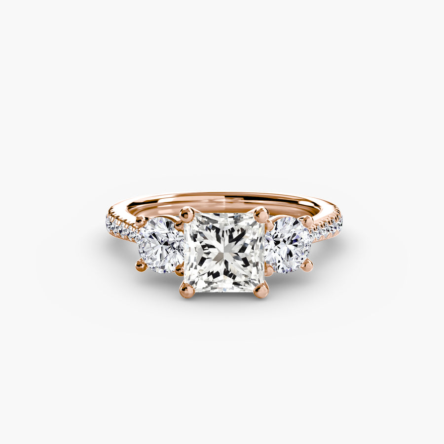 14K Rose Gold / Princess Three-Stone with Pavé Band