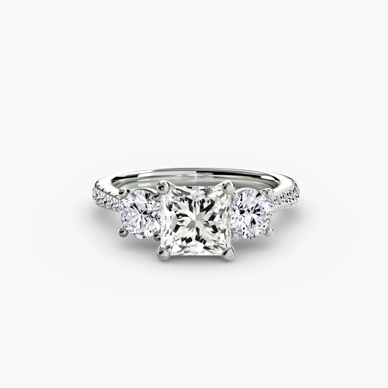 14K White Gold / Princess Three-Stone with Pavé Band
