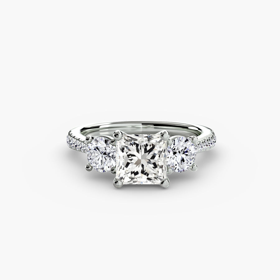 14K White Gold / Princess Three-Stone with Pavé Band