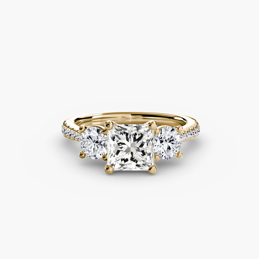 14K Yellow Gold / Princess Three-Stone with Pavé Band