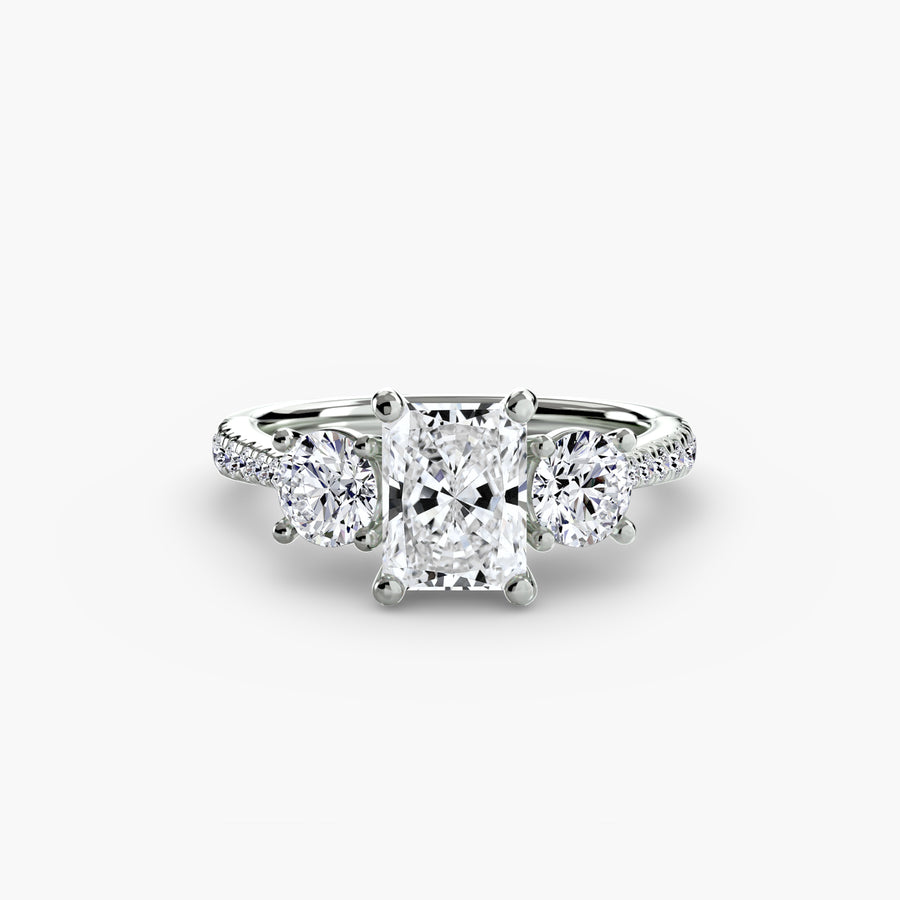 14K White Gold / Radiant Three-Stone with Pavé Band