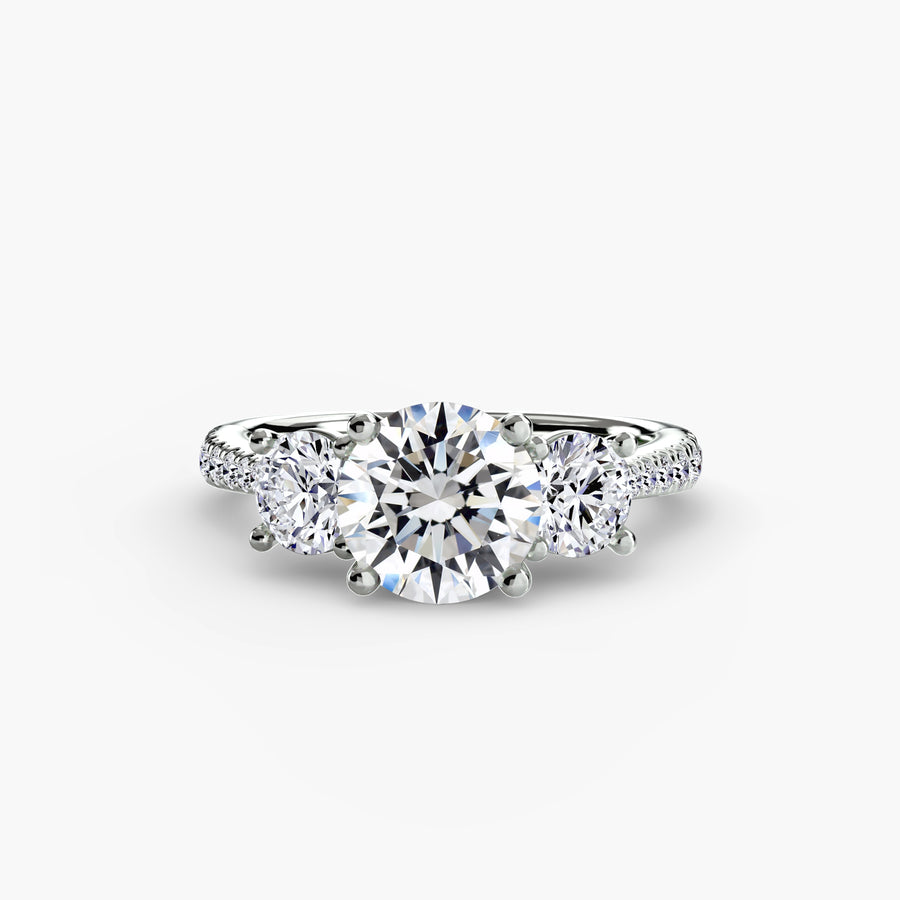 14K White Gold / Round Three-Stone with Pavé Band