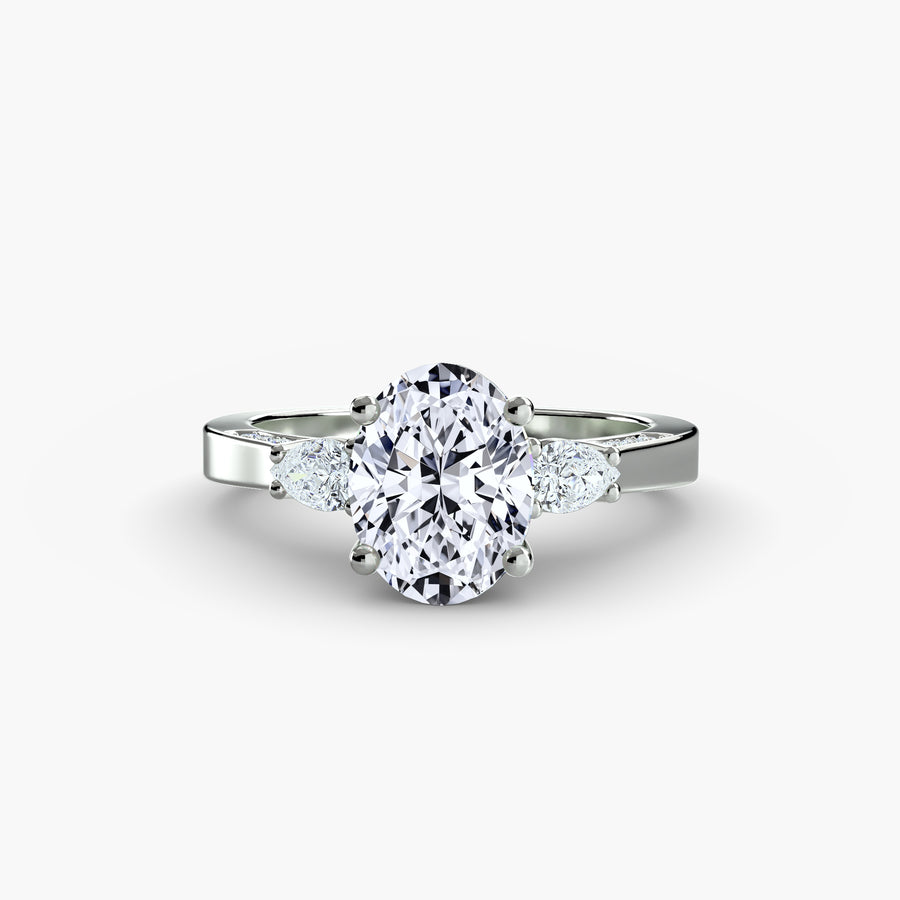 14K White Gold / Oval Three Stone with Pavé Shoulders
