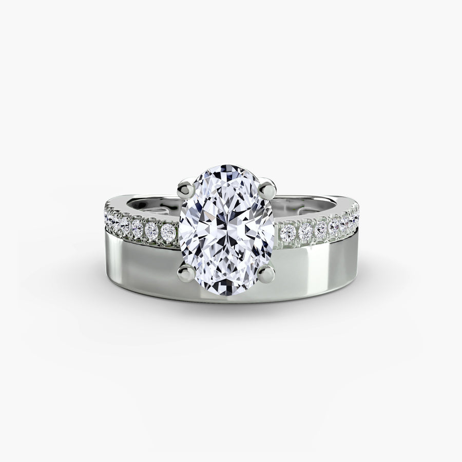 14K White Gold / Oval Wide Band Solitaire with Pavé Band