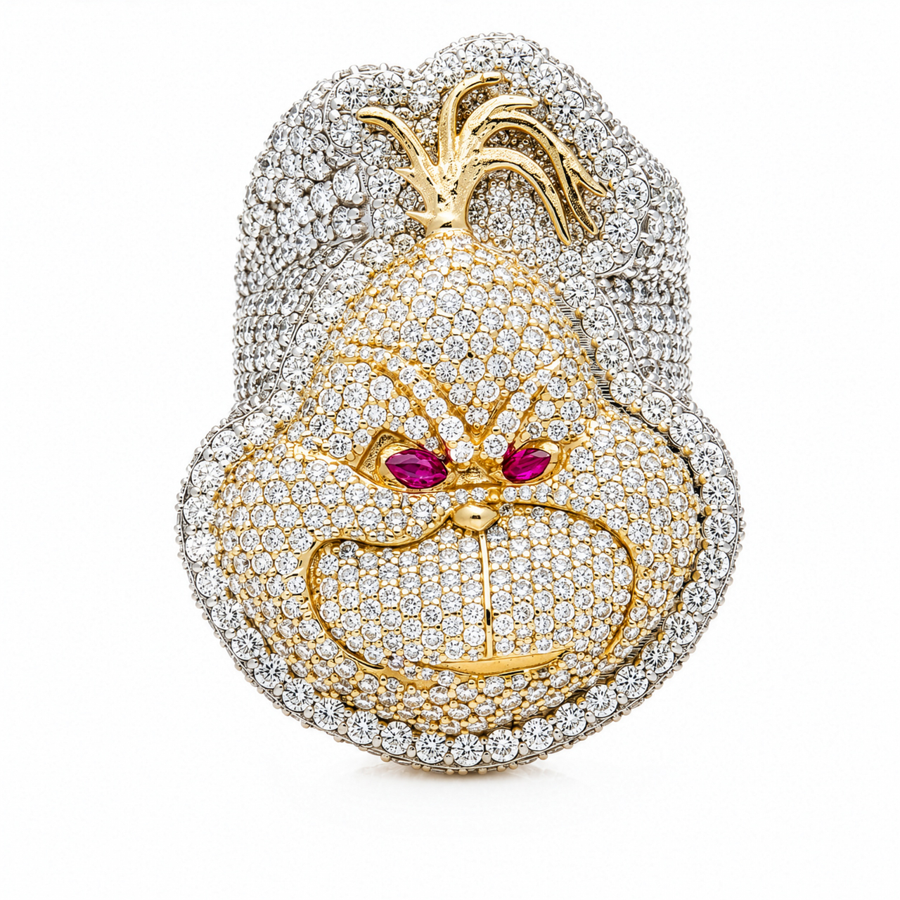 Two Tone Two-Tone Gold Diamond and Ruby Iced Out Grinch Face Pendant