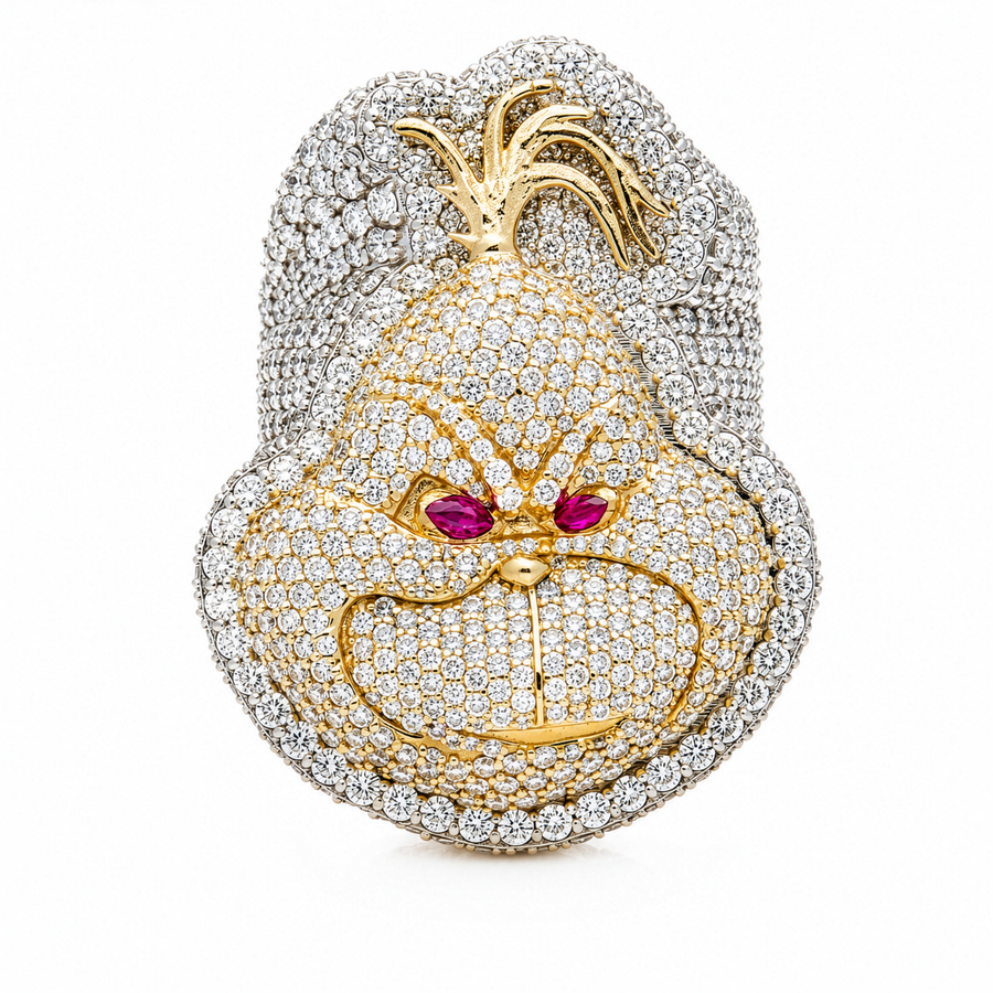 Two Tone Two-Tone Gold Diamond and Ruby Iced Out Grinch Face Pendant