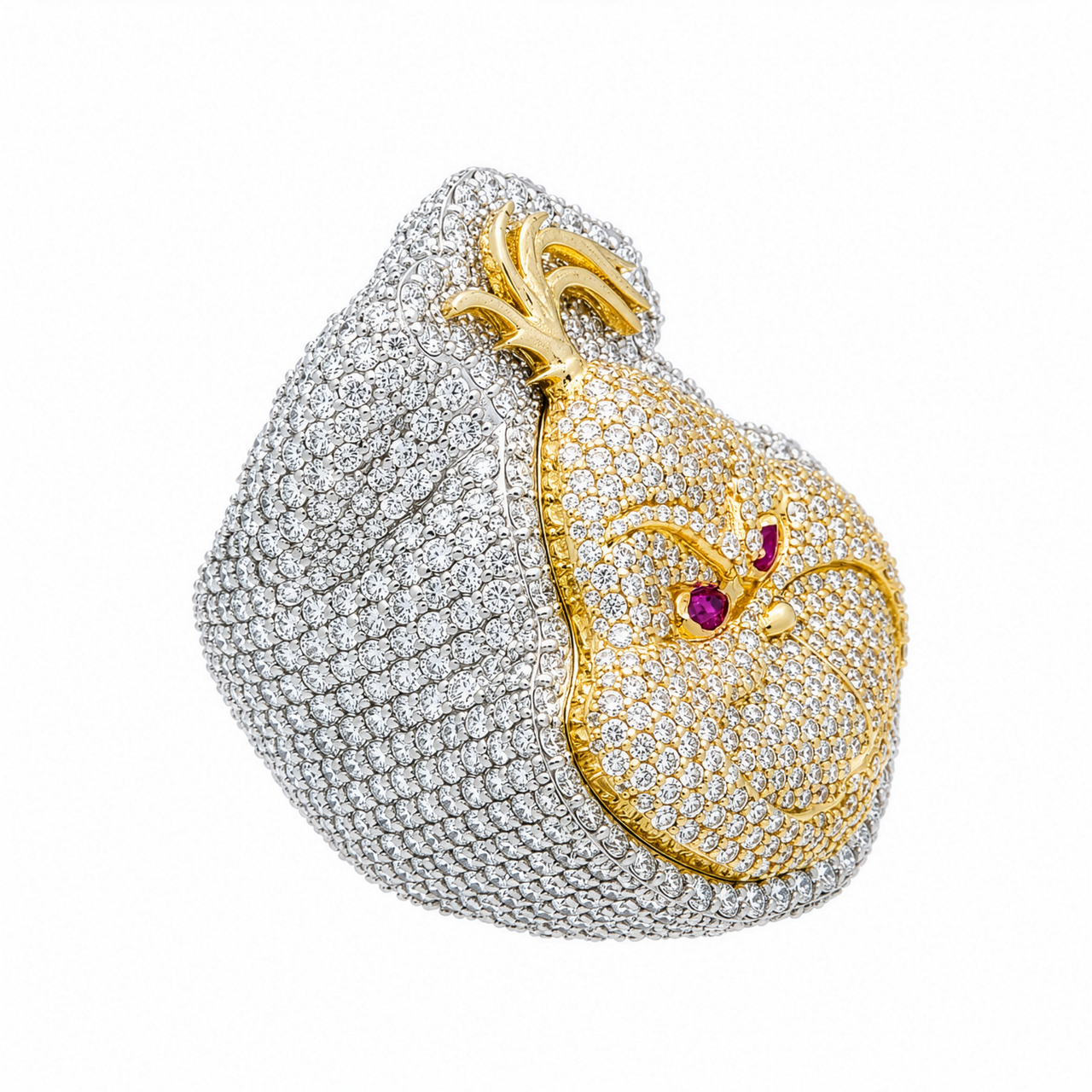 Two Tone Two-Tone Gold Diamond and Ruby Iced Out Grinch Face Pendant