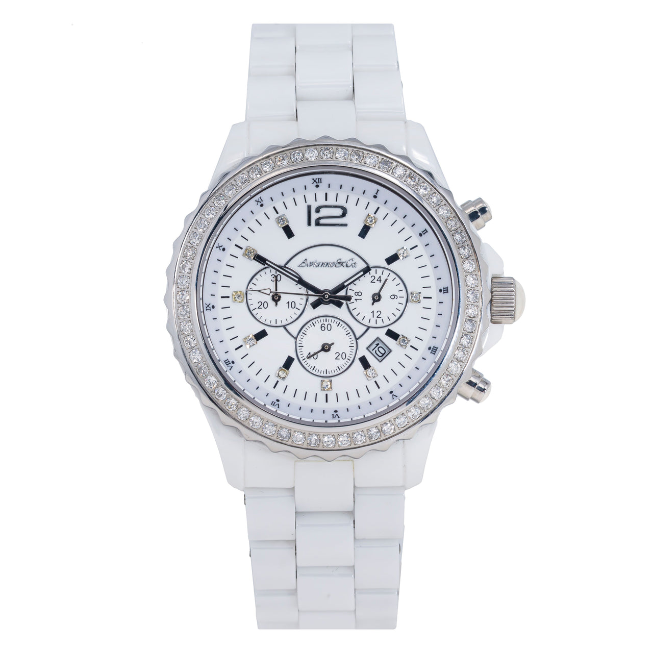 Avianne&Co Unisex Ceramic Stainless Steel White Chrono Diamond Watch 1.60 Ctw