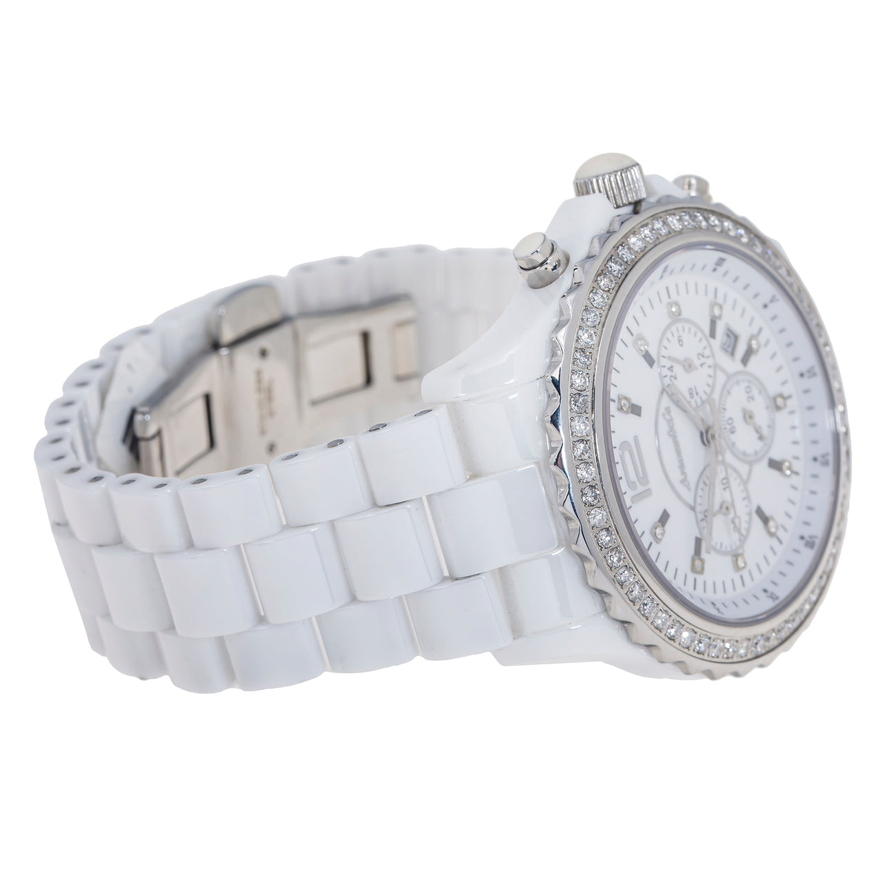 Avianne&Co Unisex Ceramic Stainless Steel White Chrono Diamond Watch 1.60 Ctw