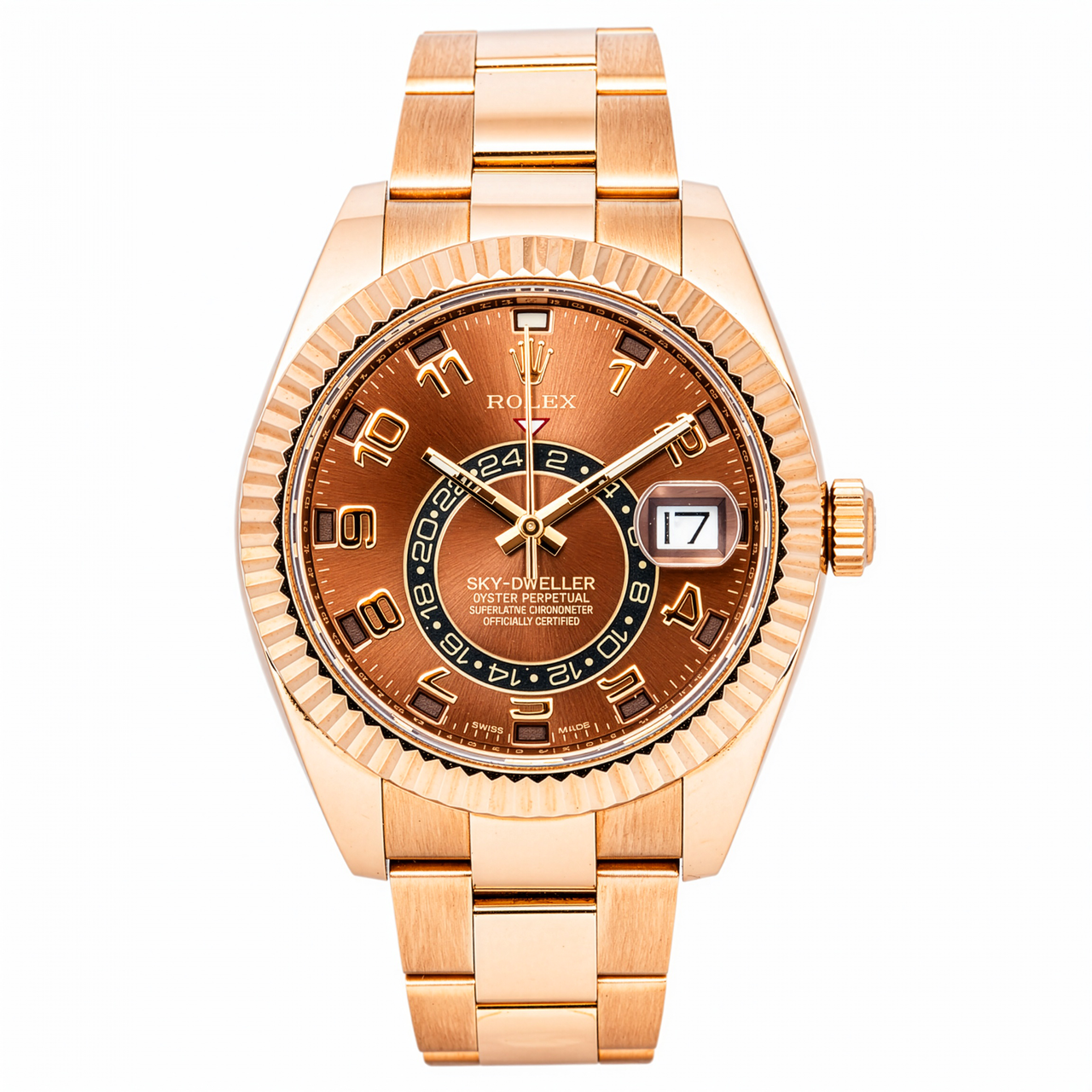 Rolex Sky-Dweller 18K Everose Gold Bronze Dial Fluted Bezel Oyster Bracelet