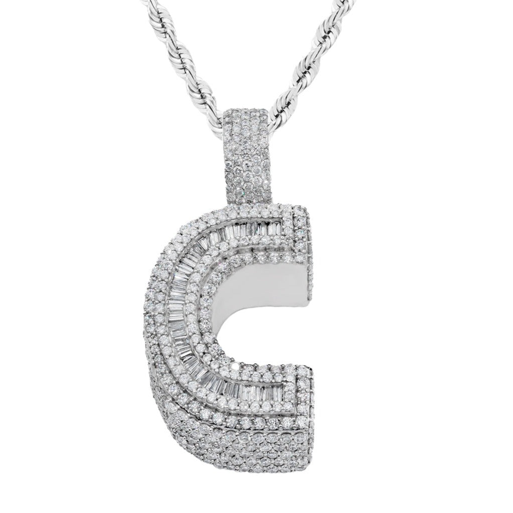 14k White Gold Baguette Diamond Initial Letter C Pendant