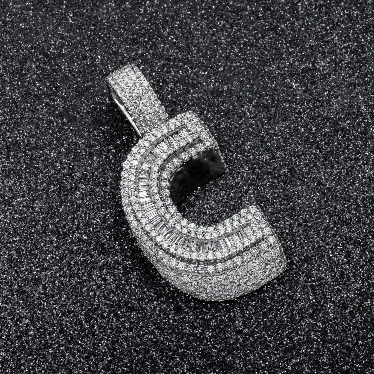 14k White Gold Baguette Diamond Initial Letter C Pendant