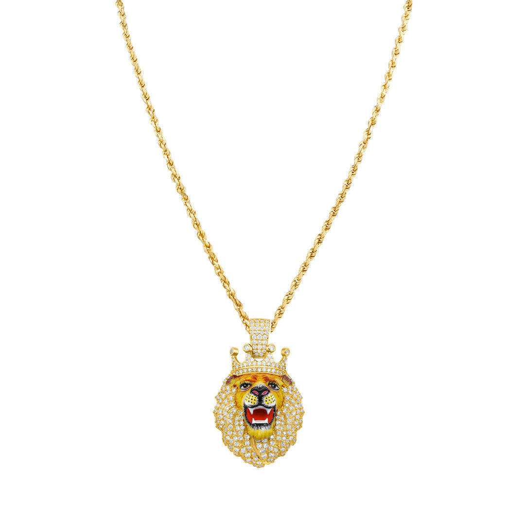 14K Yellow Gold & Diamond with Enamel Lion Face Pendant 2.90ctw