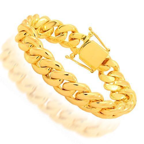 14K Solid Yellow Gold Mens Cuban Link Bracelet 13.5 mm