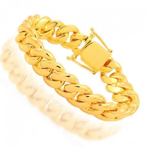 14K Yellow Solid Gold Mens Cuban Bracelet 14 mm