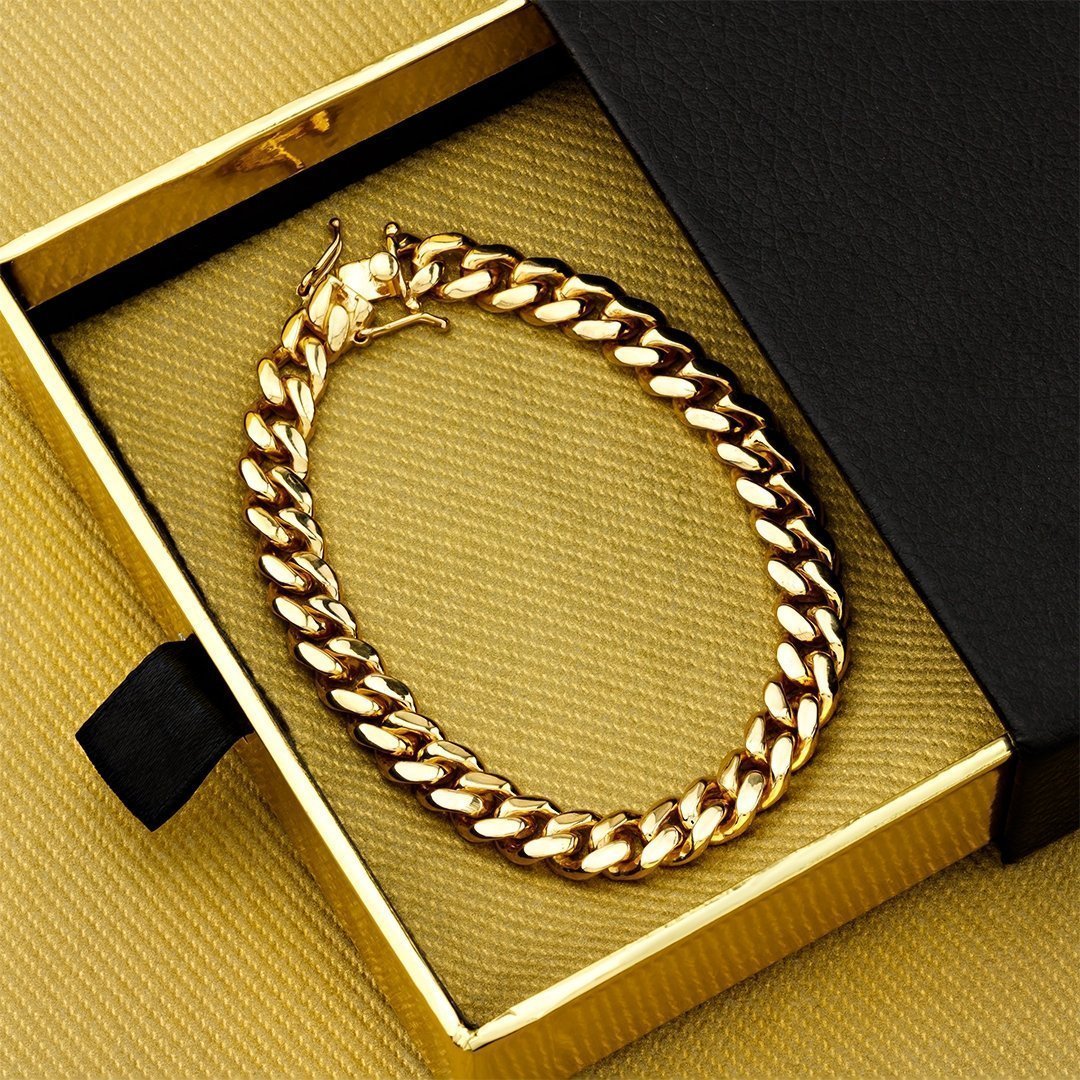 14K Yellow Solid Gold Mens Cuban Bracelet 9.5 mm