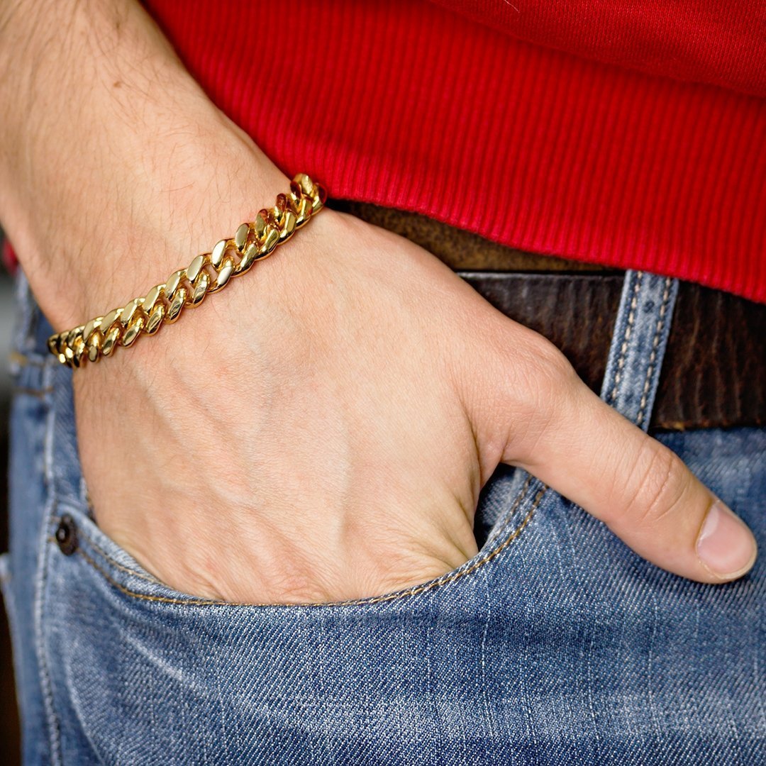 14K Yellow Solid Gold Mens Cuban Bracelet 9.5 mm