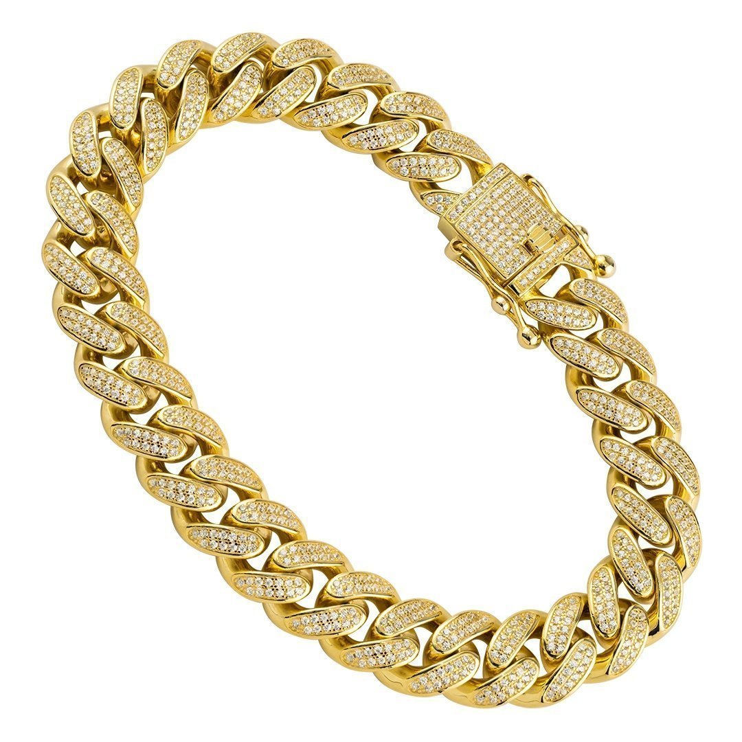18k Yellow Gold Plated Silver Mens Lab Created Stones Cuban Link Bracelet 12 mm