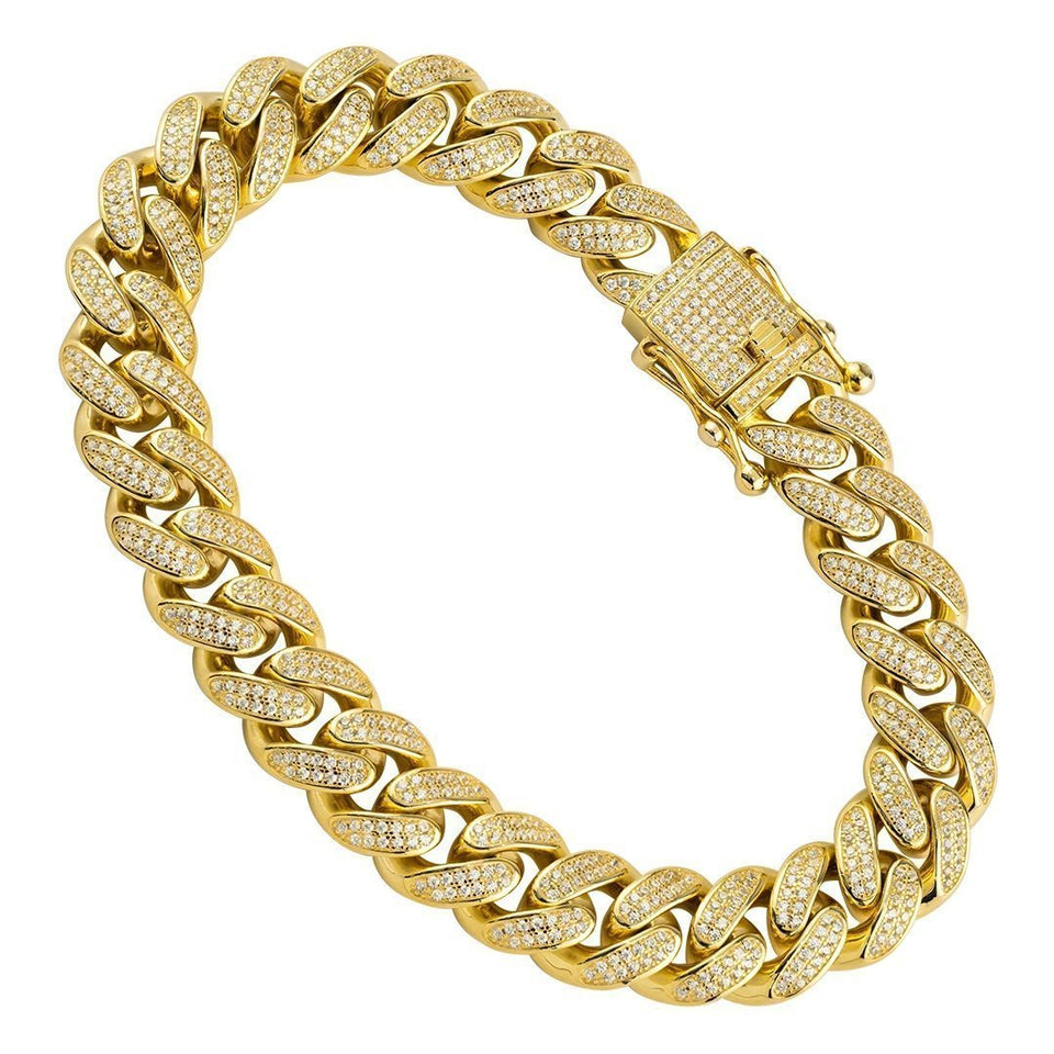 18k Yellow Gold Plated Silver Mens Cubic Zirconia Stones Cuban Link Bracelet  12 mm