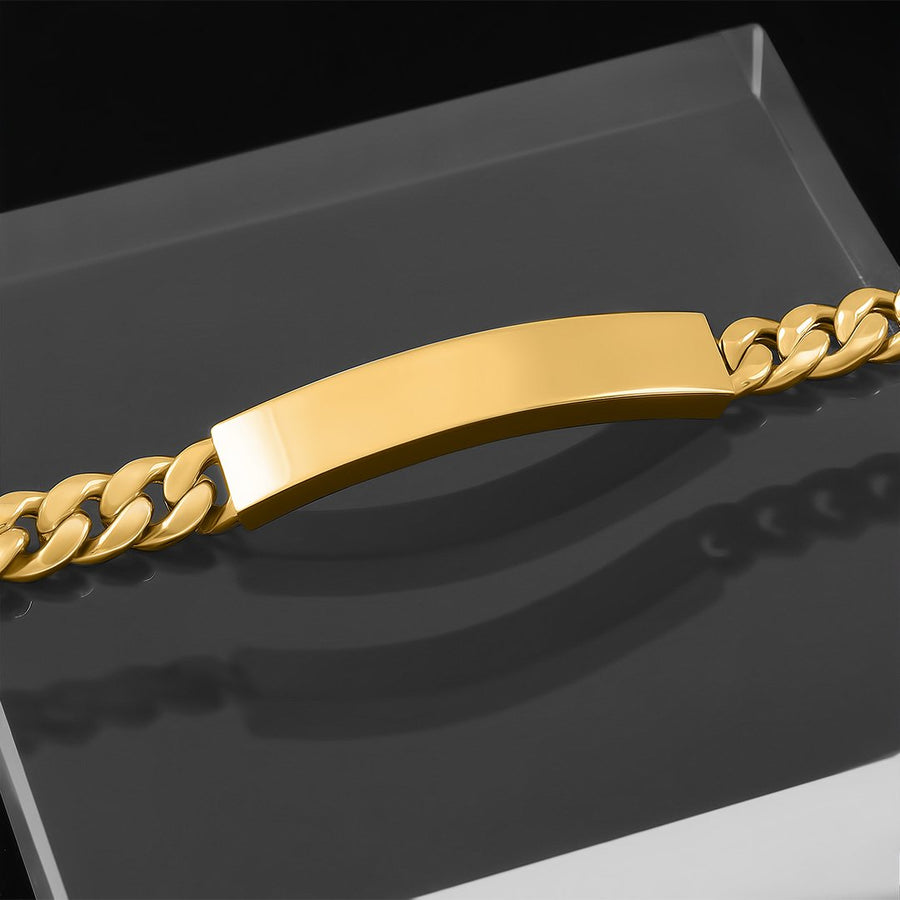 Pulsera cubana personalizable con placa de nombre en oro amarillo de 14 quilates