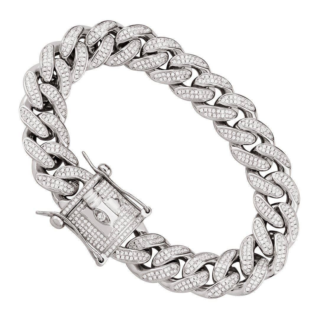 Sterling Silver Lab Created Stones Cuban Link Bracelet 13 mm