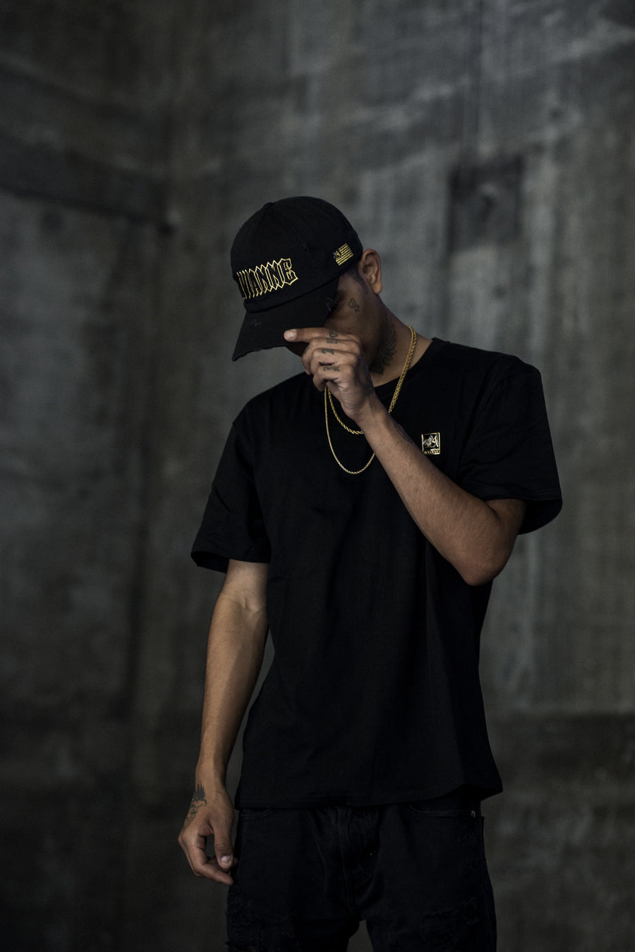 Avianne Black Gold Border Distressed Cap