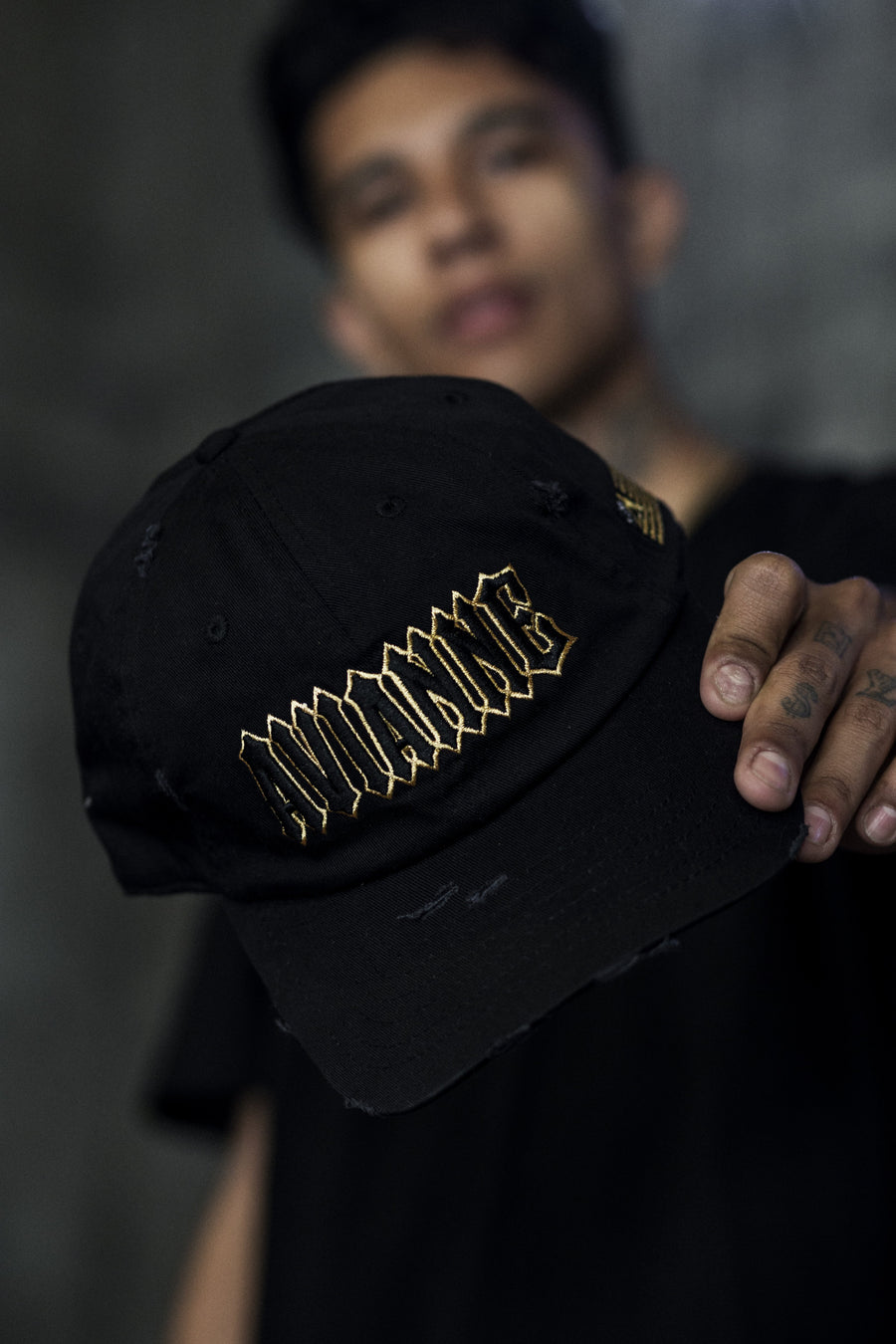 Avianne Black Gold Border Distressed Cap