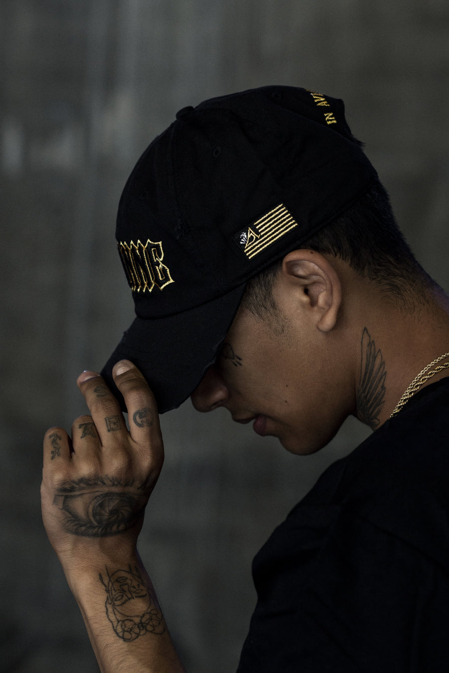 Avianne Black Gold Border Distressed Cap