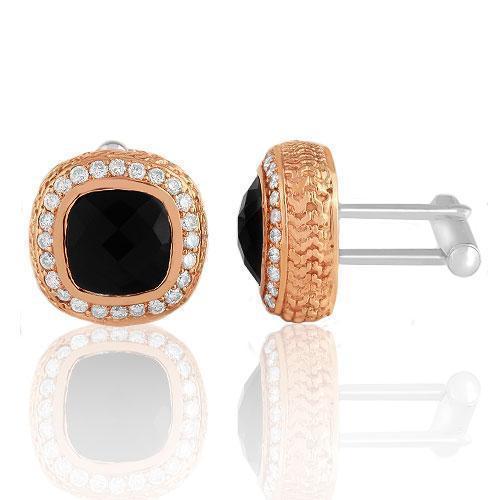 14K Solid Rose Gold Mens Diamond Cufflinks With Black Onyx 9.00 Ctw
