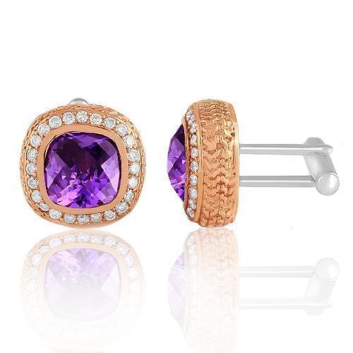 14K Solid Rose Gold Mens Diamond Cufflinks With  Purple Amethyst  9.00 Ctw